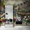 Watercolor Canal Scene Dutch Houses Mural Wallpaper - room preview 04