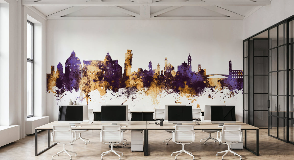 Pisa Italy Skyline Purple & Gold Mural Wallpaper - room preview 04