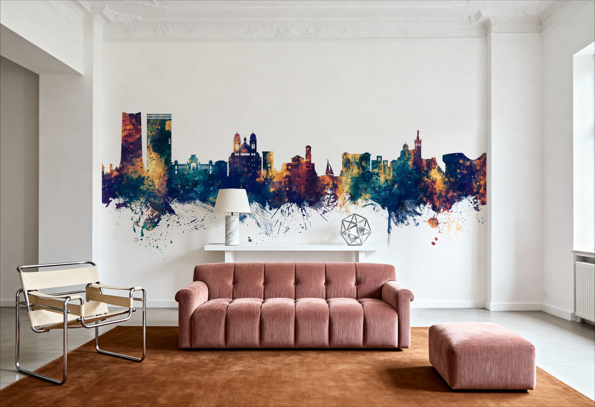 Marseille France Skyline Blue & Bronze Mural Wallpaper - room preview 04