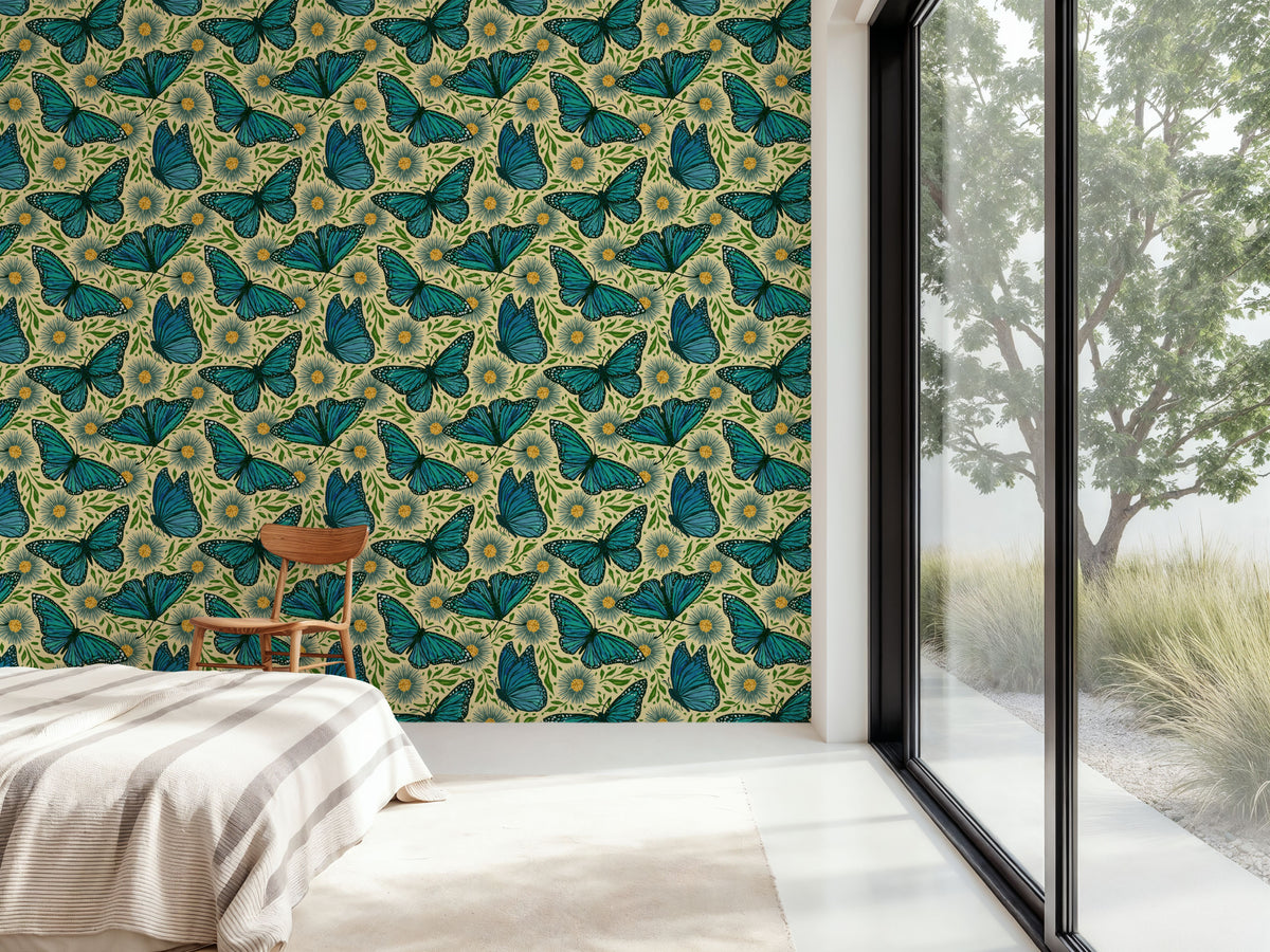 Papillion II, Aqua on Cream Mural Wallpaper - room preview 04