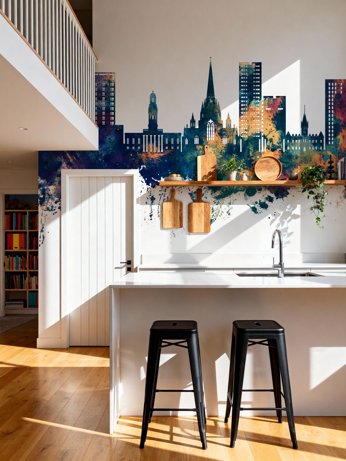 Salford England Skyline Blue & Bronze Mural Wallpaper - room preview 04