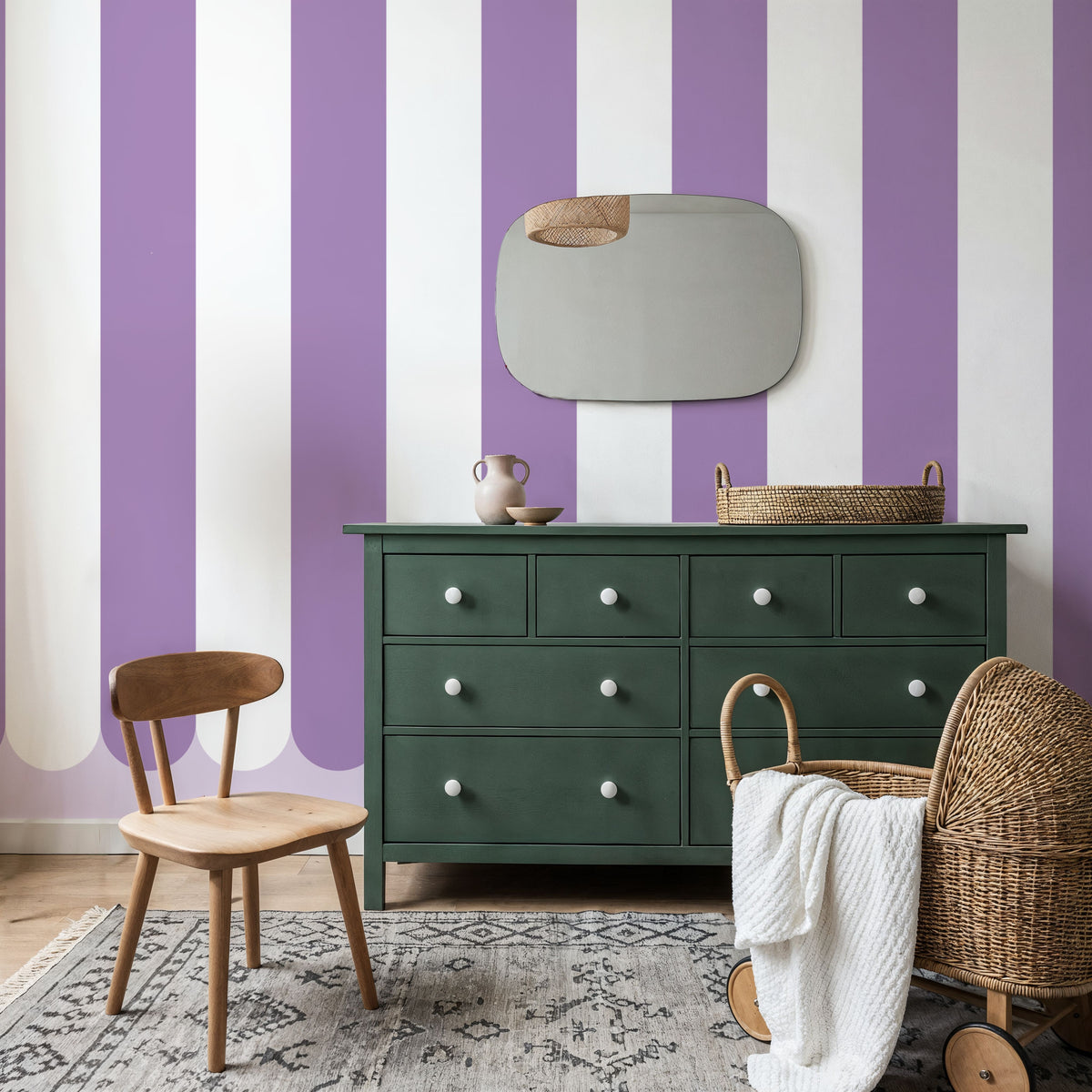 Scalloped Circus Stripes, Purple Mural Wallpaper - room preview 04