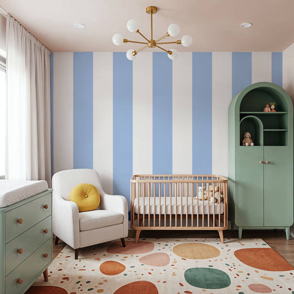Scalloped Circus Stripes, Baby Blue Mural Wallpaper - room preview 04