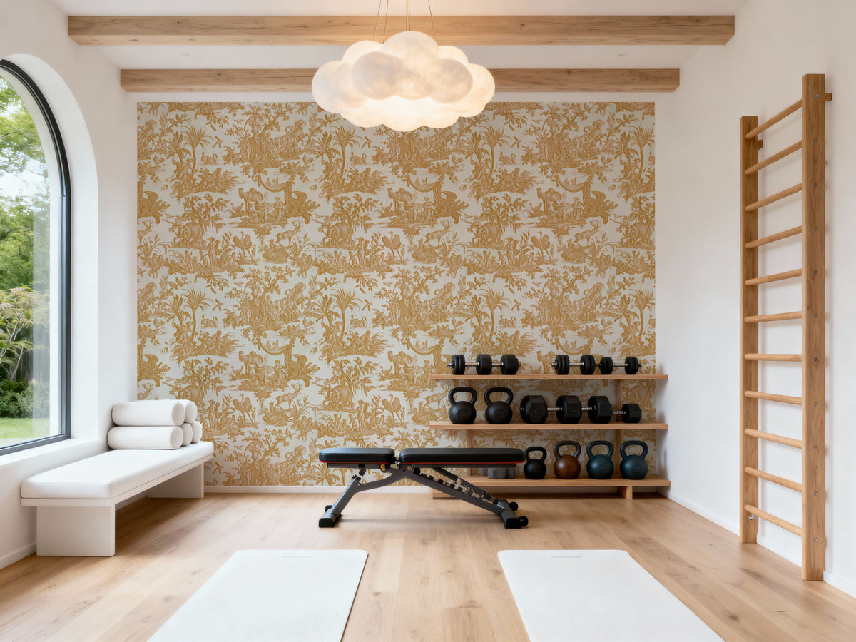 Patinated Linen Toile De Jouy, Sunflower Mural Wallpaper - room preview 04