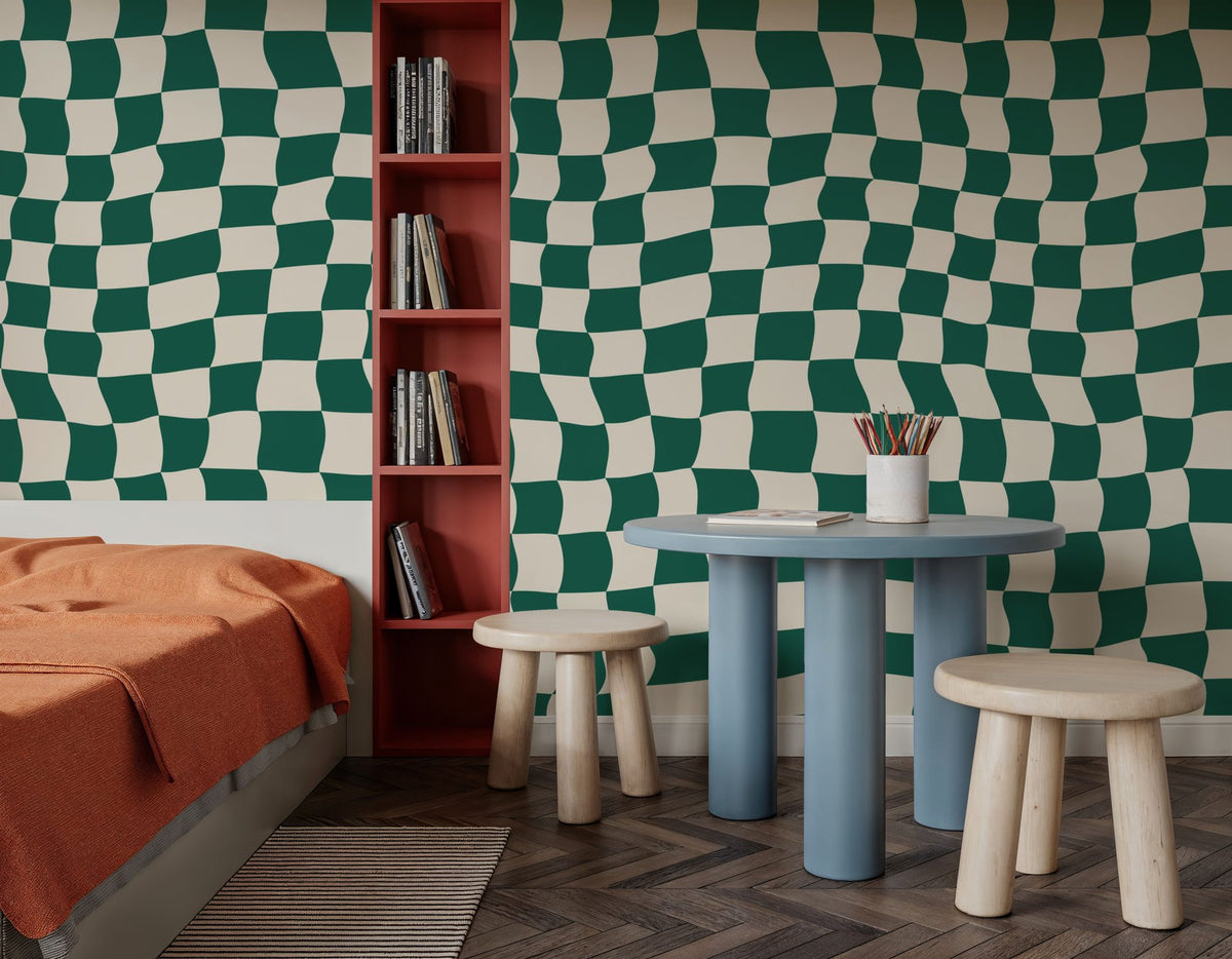 Warped Checkerboard, Forest Green Mural Wallpaper - room preview 04