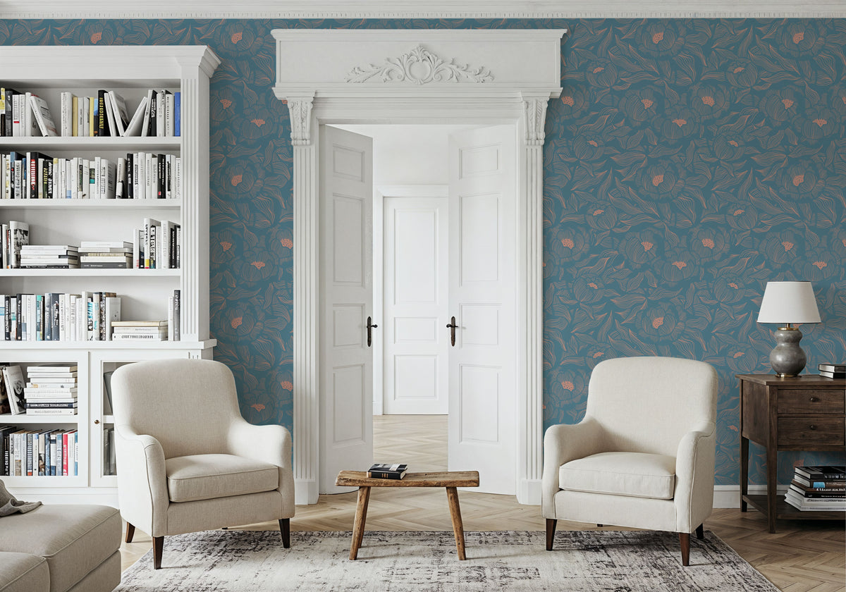Hidden Peonies, Dusty Peach on Teal Mural Wallpaper - room preview 04