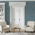Hidden Peonies, Dusty Peach on Teal Mural Wallpaper - room preview 04