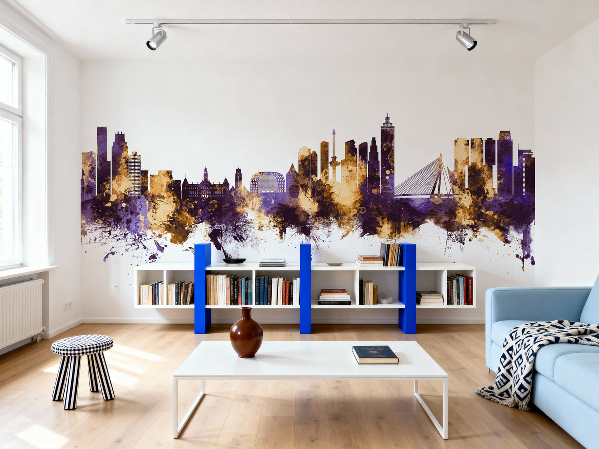 Rotterdam the Netherands Skyline Purple & Gold Mural Wallpaper - room preview 04