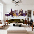 Queens New York Skyline Purple & Gold Mural Wallpaper - room preview 04