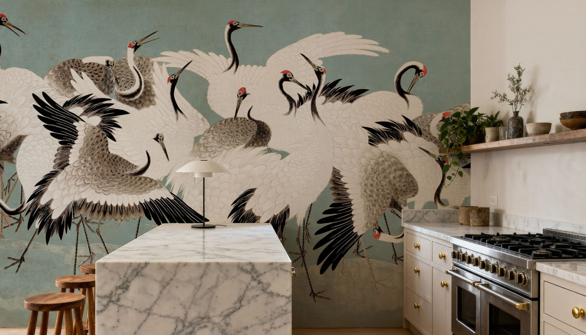 Japanese Flock of Cranes, Calm Ocean Mural Wallpaper - room preview 04
