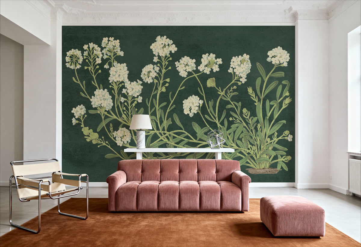Vintage Flowers on Green Mural Wallpaper - room preview 04
