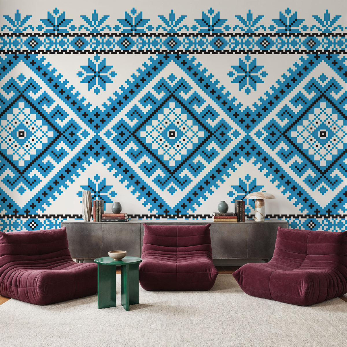Pixel Embroidery Blue Mural Wallpaper - room preview 04
