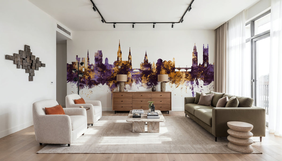 Cork Ireland Skyline Purple & Gold Mural Wallpaper - room preview 04