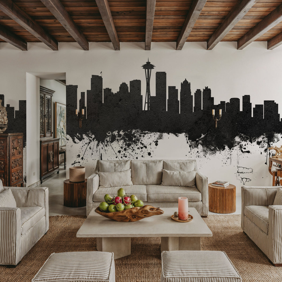 Seattle Skyline Black & White Mural Wallpaper - room preview 04