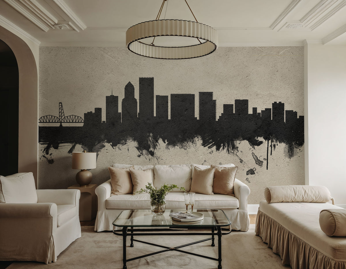 Portland Oregon Skyline Concrete Mural Wallpaper - room preview 04