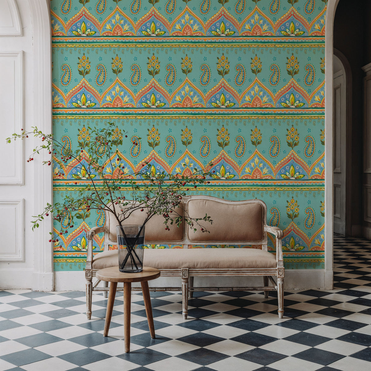 Floral Paisley Blue Mural Wallpaper - room preview 04