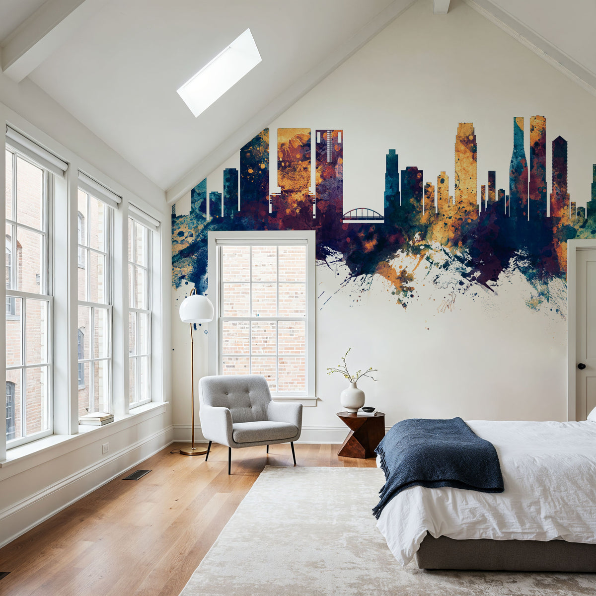 Osaka Skyline Blue & Bronze Mural Wallpaper - room preview 04