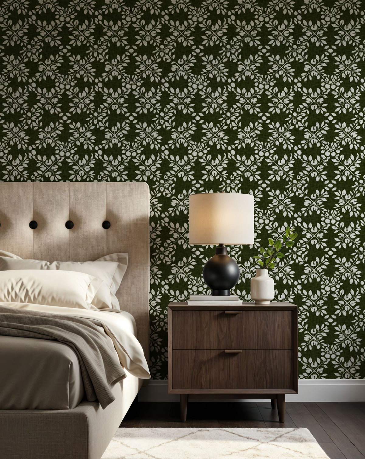 Trellis Leaves, Forest Green Mural Wallpaper - room preview 04
