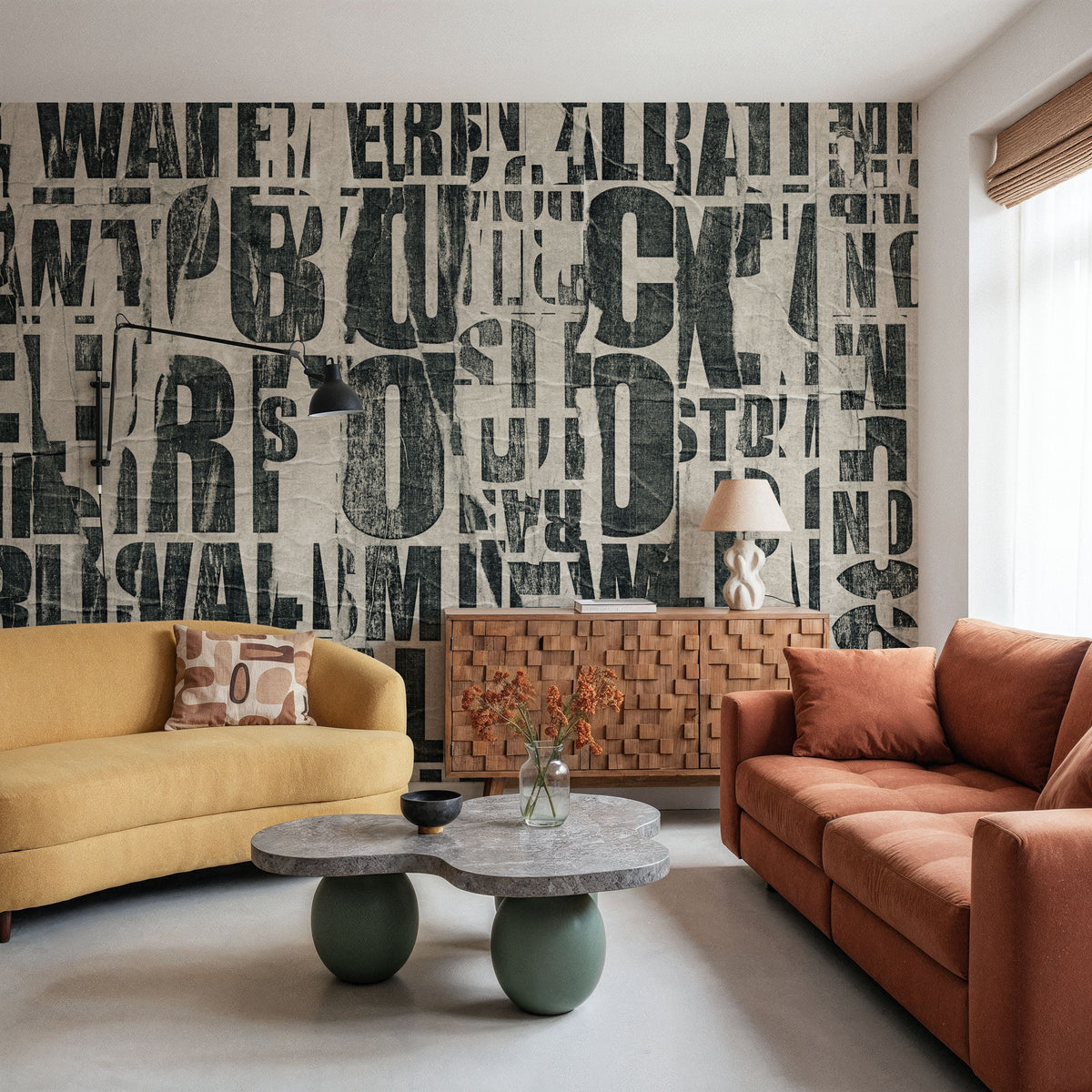 Letterpress Vintage Newspaper Collage, Black Mural Wallpaper - room preview 04