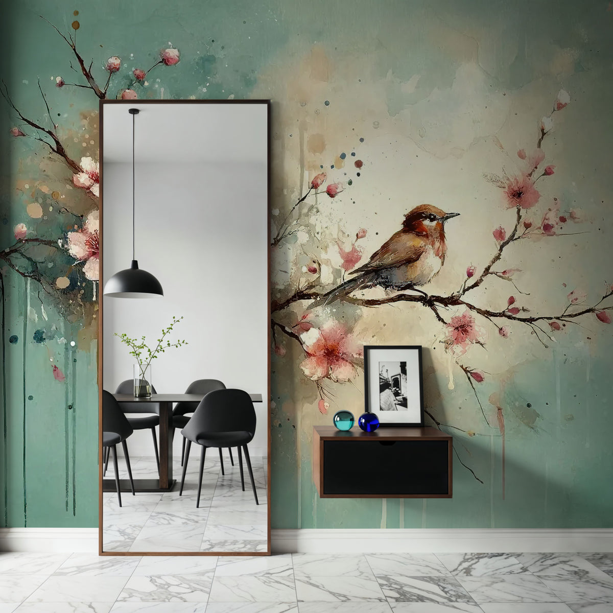Cherry Blossoms Whispers on Teal Breeze Mural Wallpaper - room preview 04