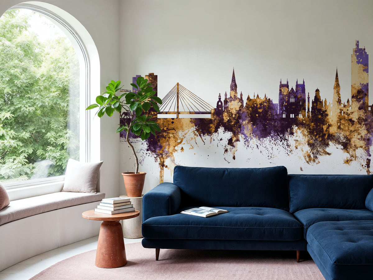 Nantes France Skyline Purple & Gold Mural Wallpaper - room preview 04