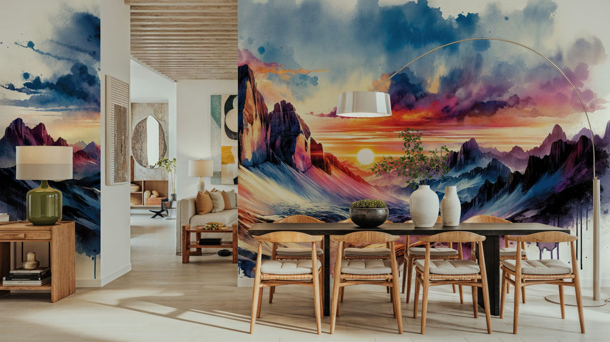 Watercolor Mountains Landscape At Sunset Mural Wallpaper - room preview 04