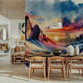 Watercolor Mountains Landscape At Sunset Mural Wallpaper - room preview 04