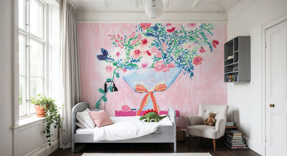 Flower Vases and Books Square Pink Mural Wallpaper - room preview 04