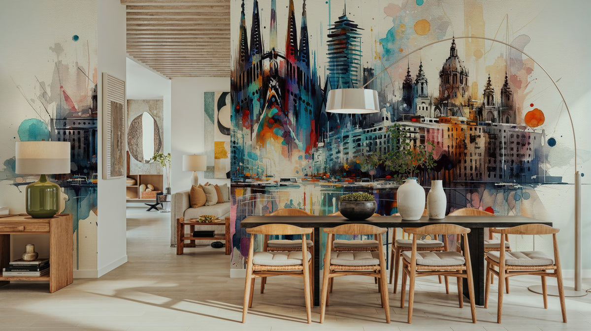 Watercolor Skyline Barcelona I Mural Wallpaper - room preview 04