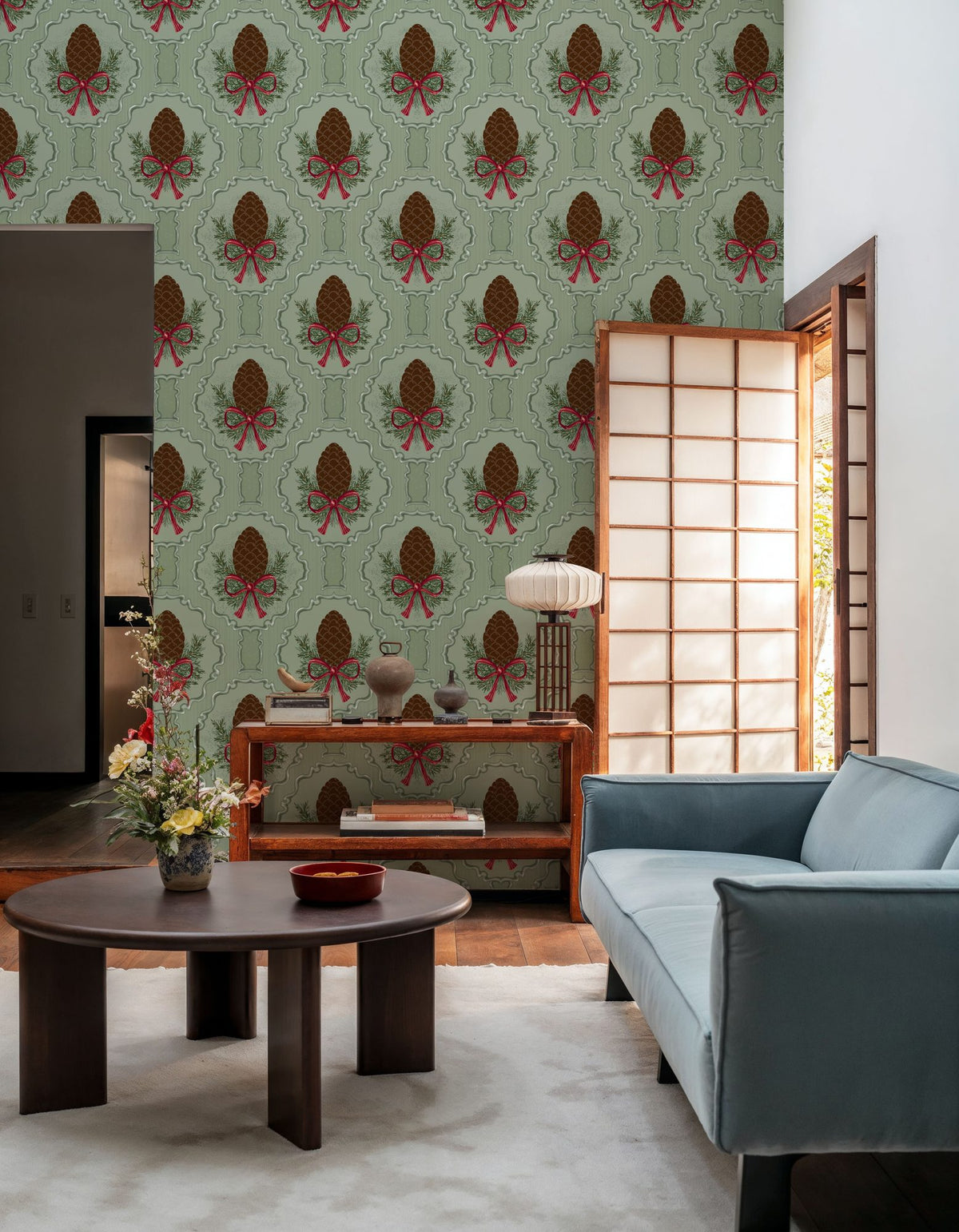 Pine Cone & Ornate Rackets, Mint Mural Wallpaper - room preview 04