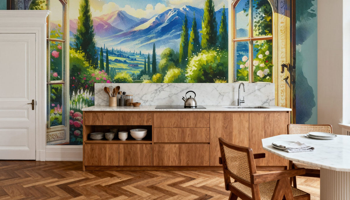 Mountain View Through Open Window Mural Wallpaper - room preview 04