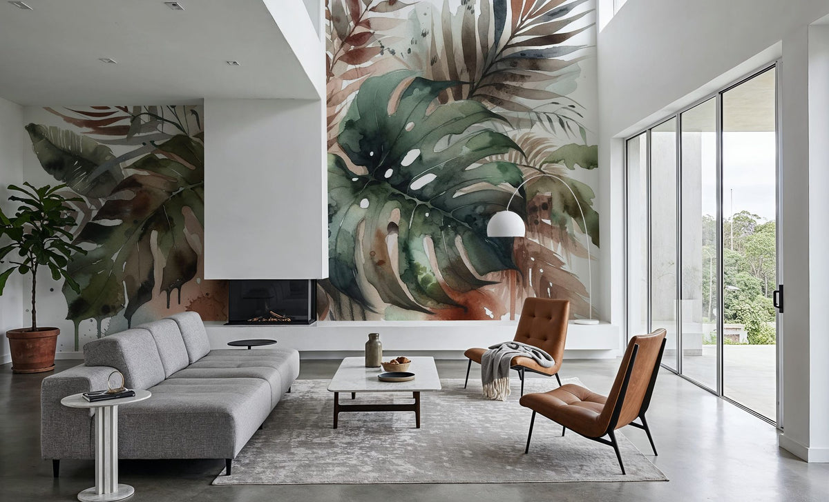 Tropical Rains on Monstera Leaves Mural Wallpaper - room preview 04