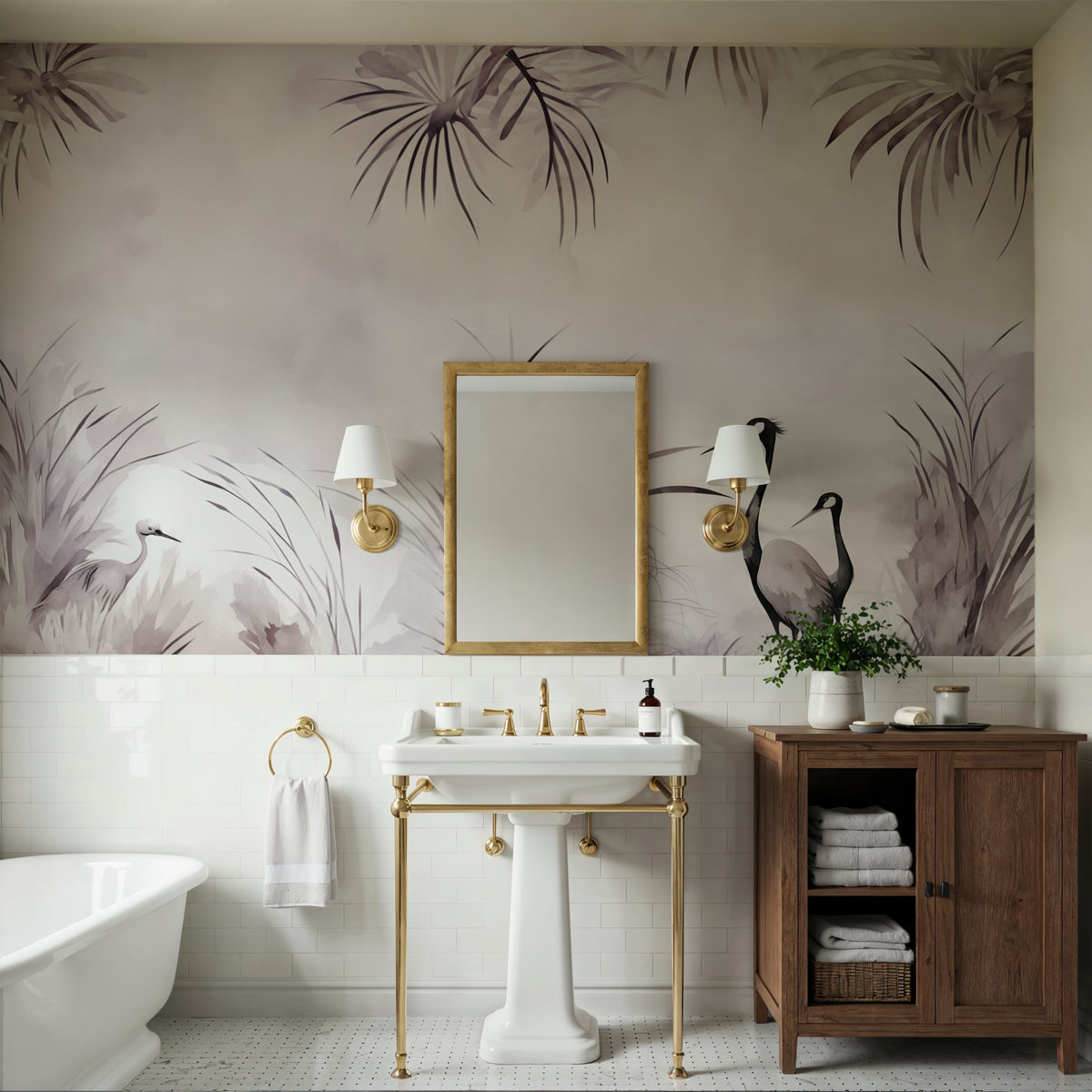 Cranes in a Field Purple Mural Wallpaper - room preview 04