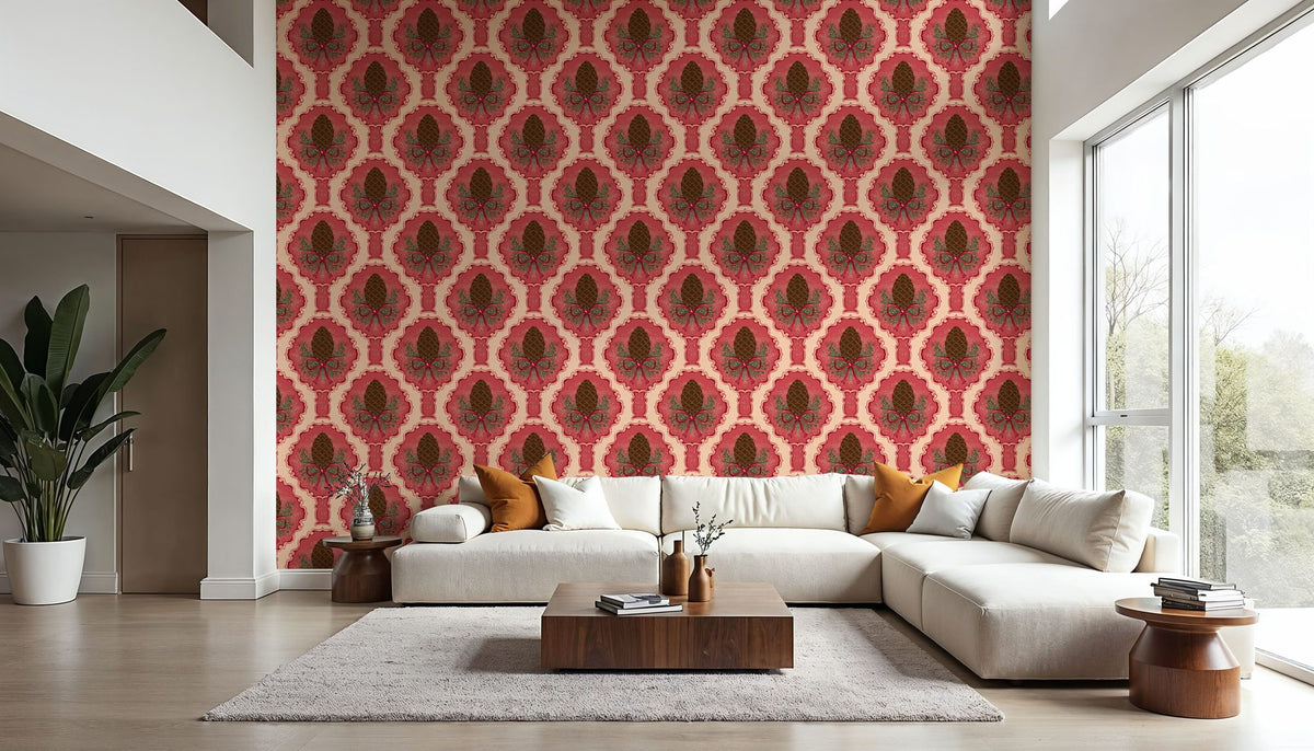 Pine Cone & Ornate Rackets, Raspberry Mural Wallpaper - room preview 04