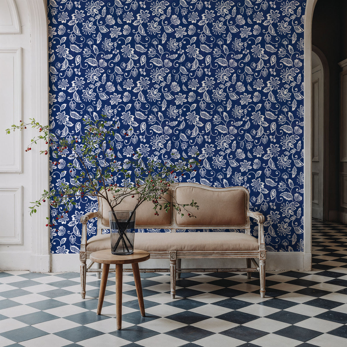 Sino Flowers Blue Mural Wallpaper - room preview 04