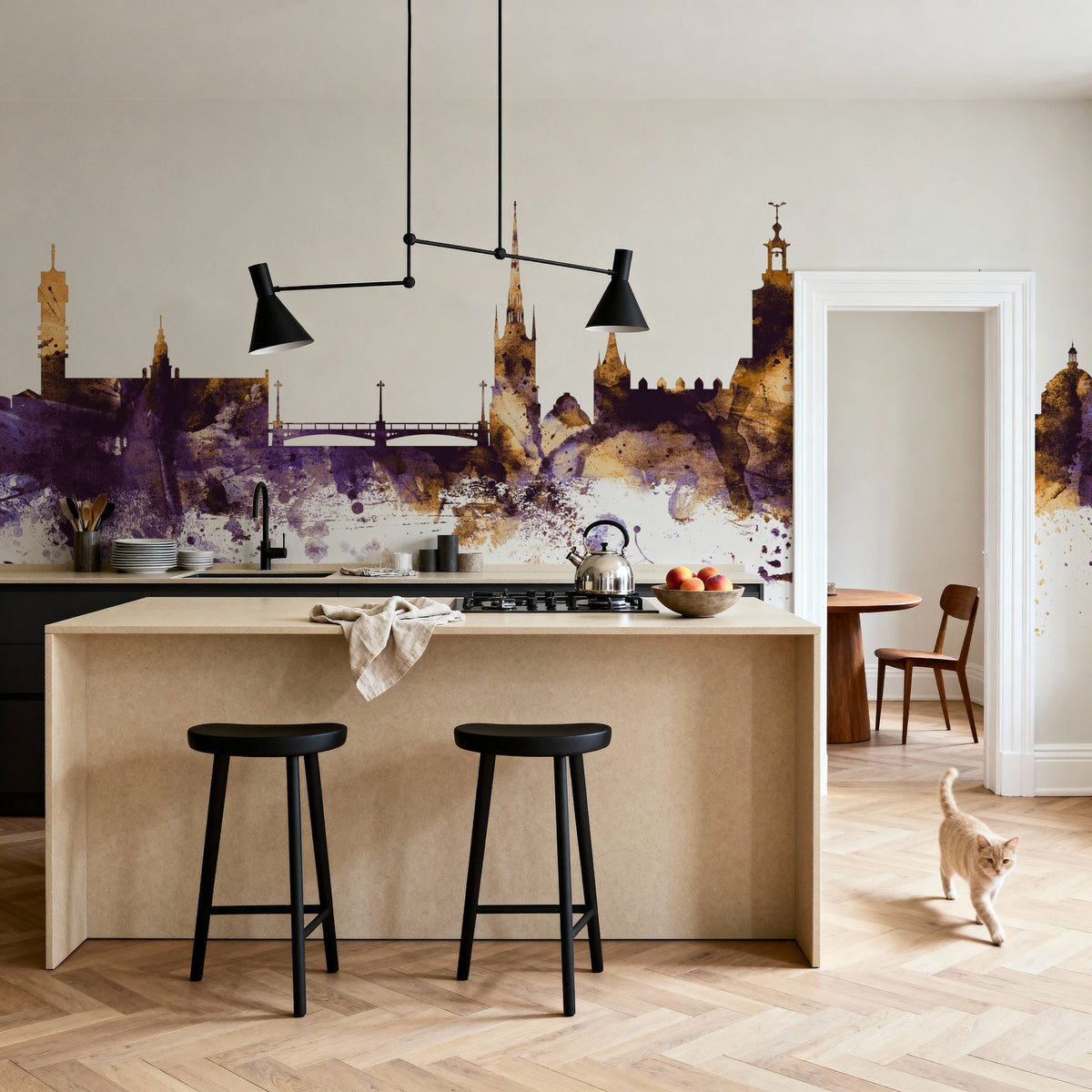 Stockholm Skyline Purple & Gold Mural Wallpaper - room preview 04
