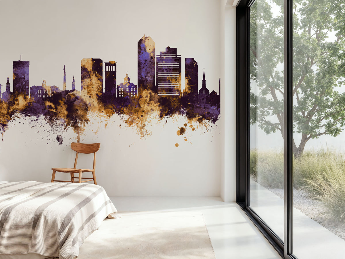 Lexington Kentucky Skyline Purple & Gold Mural Wallpaper - room preview 04