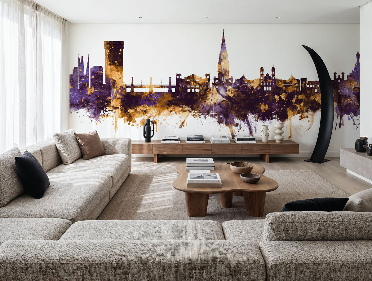 San Sebastian Spain Skyline Purple & Gold Mural Wallpaper - room preview 04
