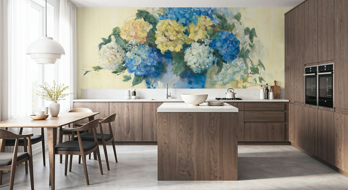 Blue Hydrangea Mural Wallpaper - Neutral Tone - room preview 04