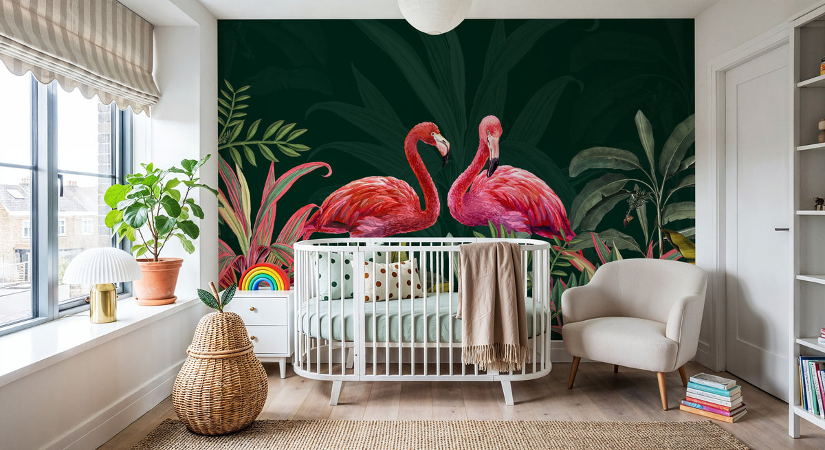 Shy Flamingos Dark Mural Wallpaper - room preview 04