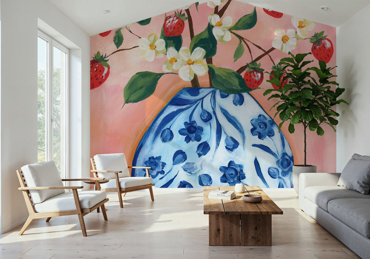 Blooming Strawberry Vase Mural Wallpaper - room preview 04