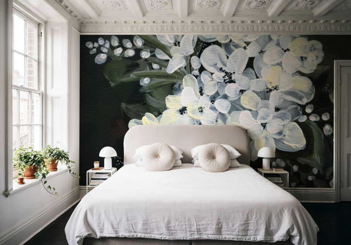 White Flowers in Vase Mural Wallpaper - room preview 04