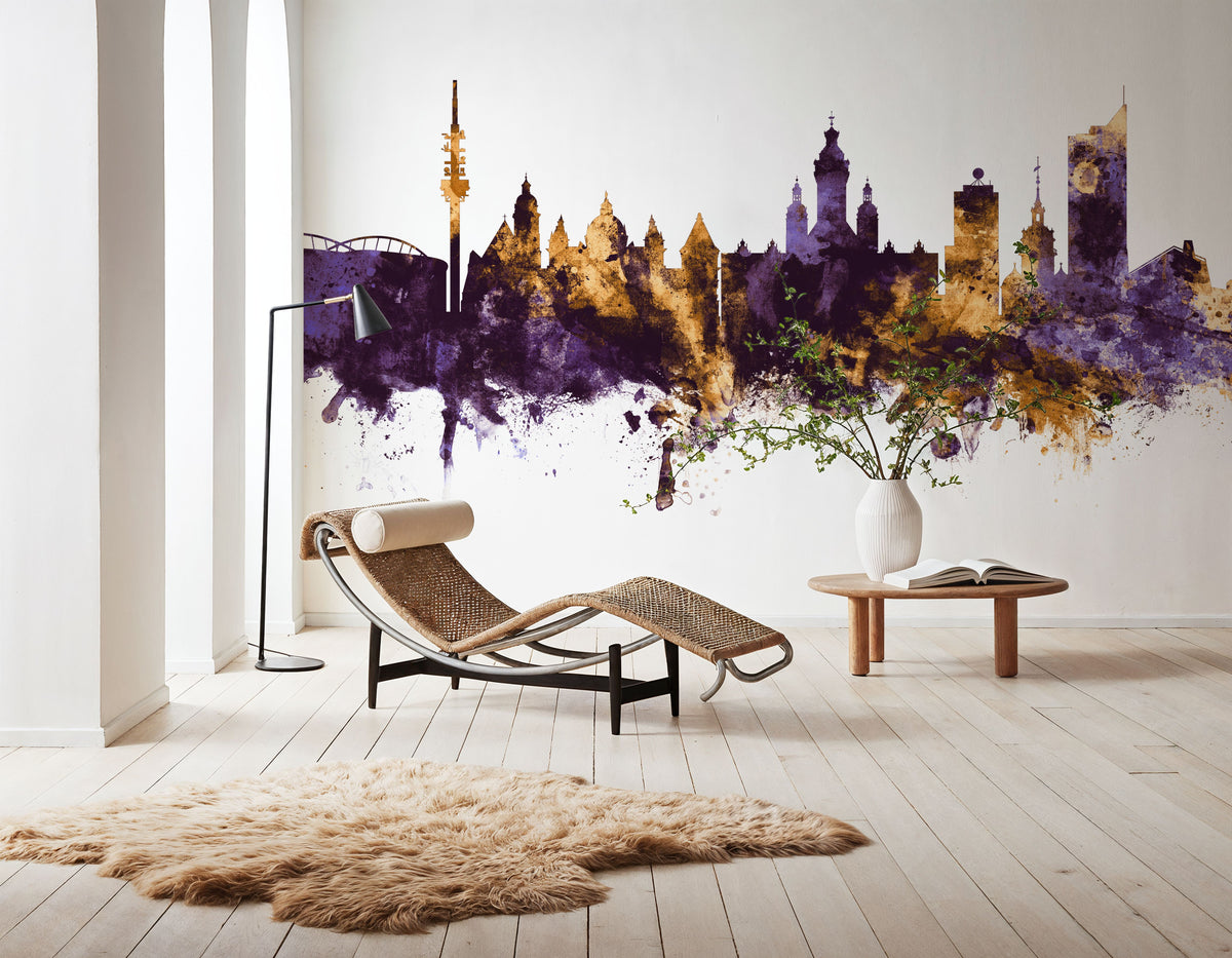 Leipzig Germany Skyline Purple & Gold Mural Wallpaper - room preview 04