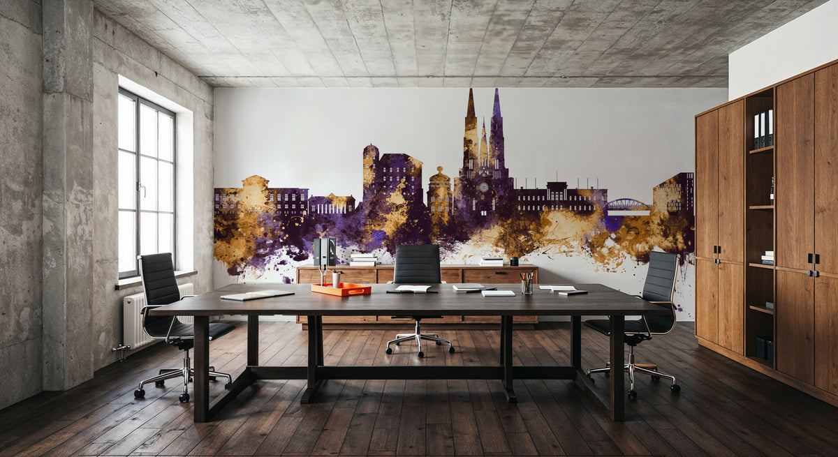 Uppsala Skyline Purple & Gold Mural Wallpaper - room preview 04