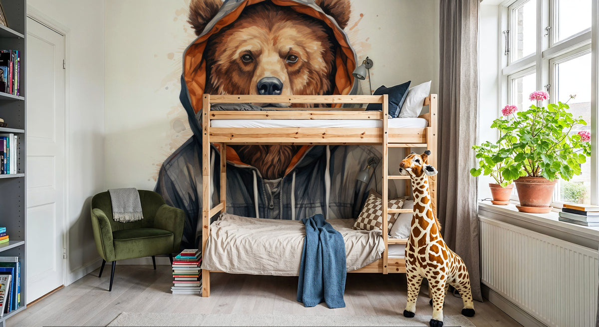 Watercolor Cartoon Grizzly Bear in a Hoodie Mural Wallpaper - room preview 04
