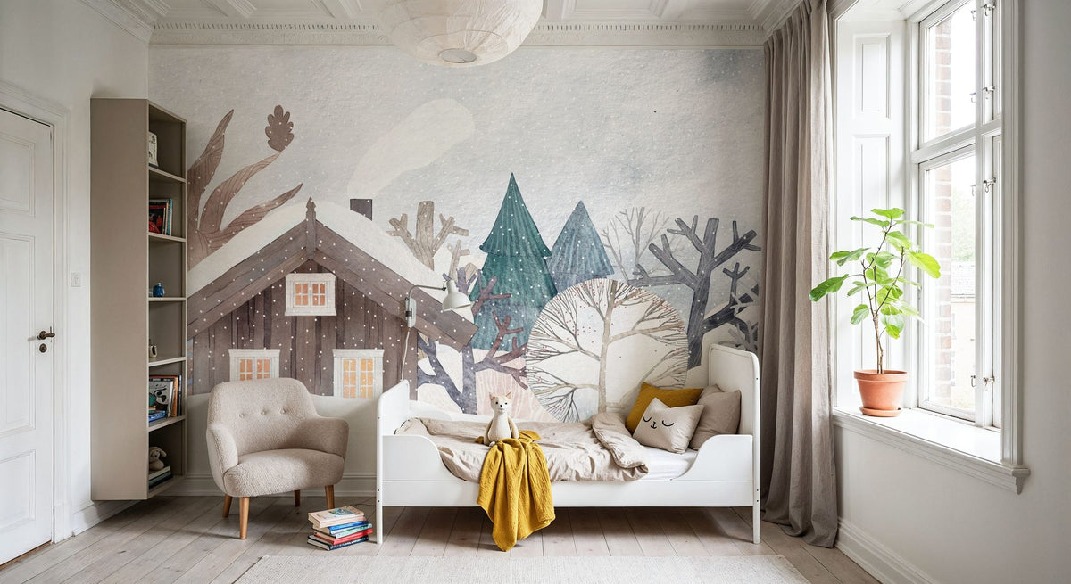 The Snowy Mountain Cabin Mural Wallpaper - room preview 04