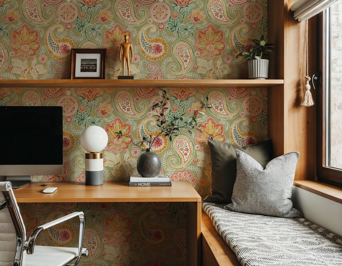 Harvest Paisley Mini Swamp Green Mural Wallpaper - room preview 04