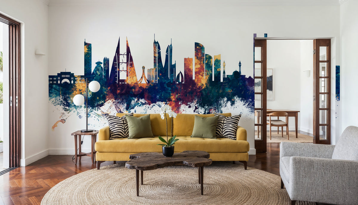 Manama Skyline Blue & Bronze Mural Wallpaper - room preview 04
