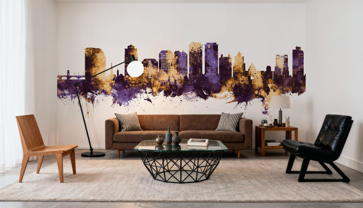 West Palm Beach Florida Skyline Purple & Gold Mural Wallpaper - room preview 04