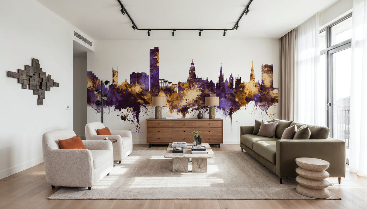 Sheffield England Skyline Purple & Gold Mural Wallpaper - room preview 04
